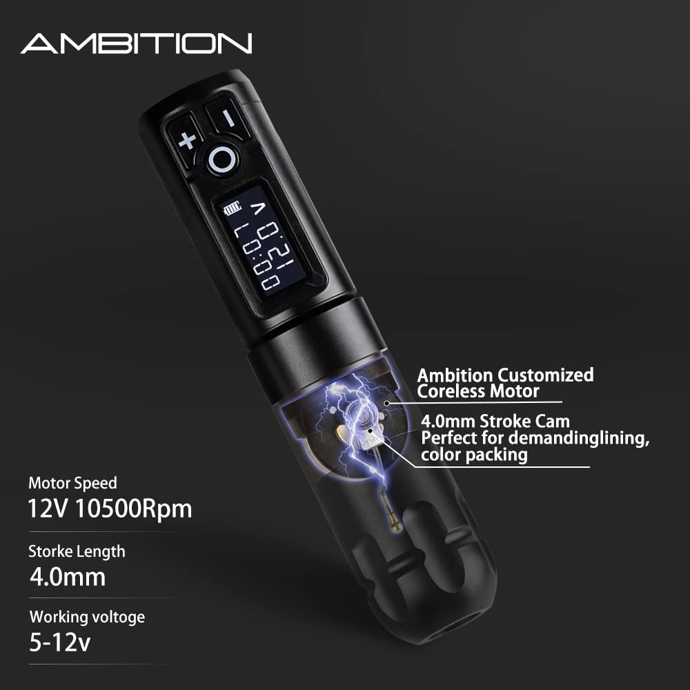 Ambition Soldier Wireless Tattoo Machine Kit Complete Rotary Coreless Motor Tattoo Pen Kit with Extra 2400mAh Battery 80pcs Premium Mixed Size Cartridge Needles Supply for Professional Tattoo Artist