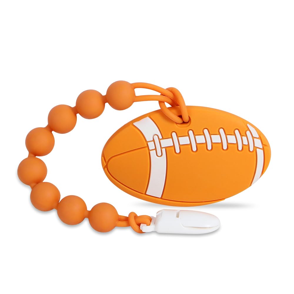 Baby Sports Ball Teething Toys,Food Grade Silicone Teether with One-piece Pacifier Clip Holder,Shower Gift,Teething Pain Relief for 3 Months+ Boy and Girl,BPA Free,Freezer Safe. (American Football)