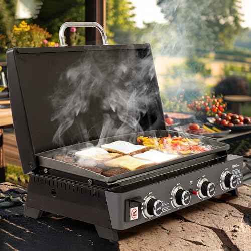 Royal Gourmet PD4001 4 Burner Propane Gas Griddle with Removable Standing Cart, Convertible to Tabletop Design, Flat Top Grill with Hood for Camping, Tailgating, Backyard, Black