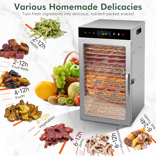 Food Dehydrator Machine 18 Stainless Steel Trays 1000W Commercial Food Dehydrator with 24H Digital Timer LED Temperature Control Food Dryer Beef Jerky Maker for Dehydrated Meat Fruit Herb