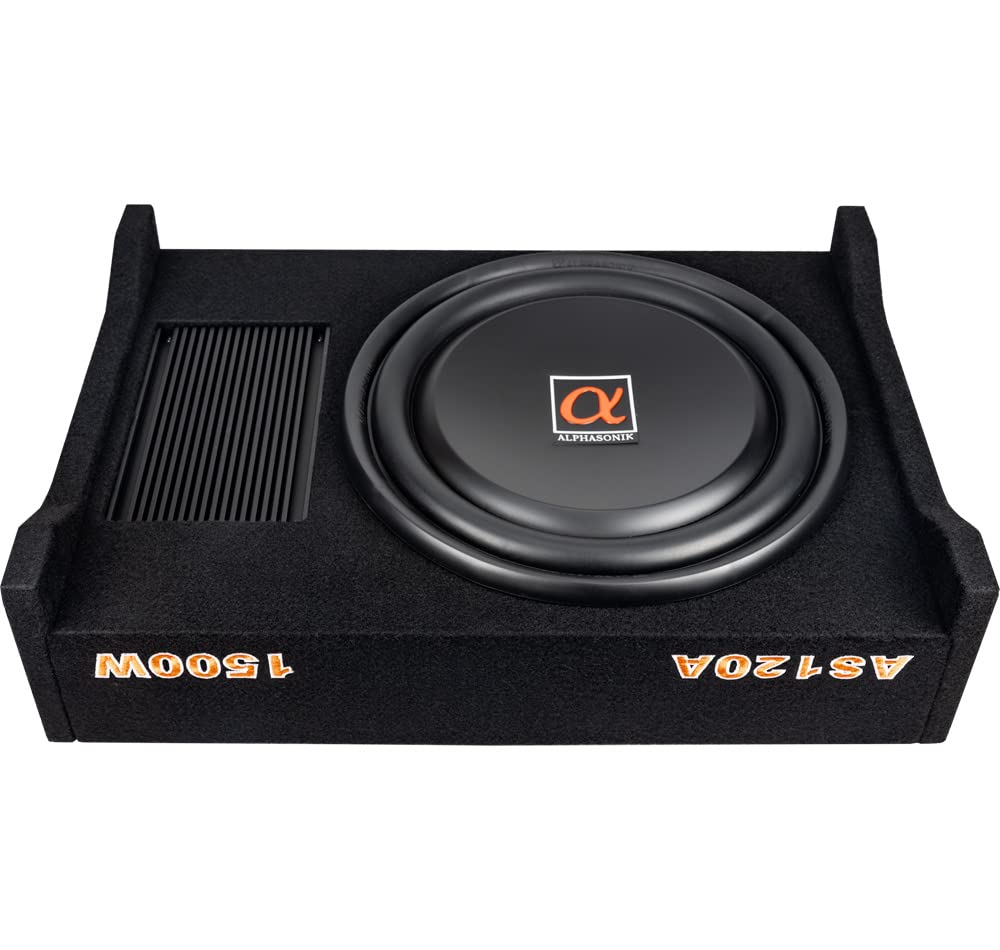 Alphasonik AS120A 12" 1500 Watts with a Built-in Amplifier Down-Firing Shallow Mount Enclosed for Tight Spaces in Cars and Trucks, Slim Thin Loaded Subwoofer Air Tight Sealed Bass Enclosure