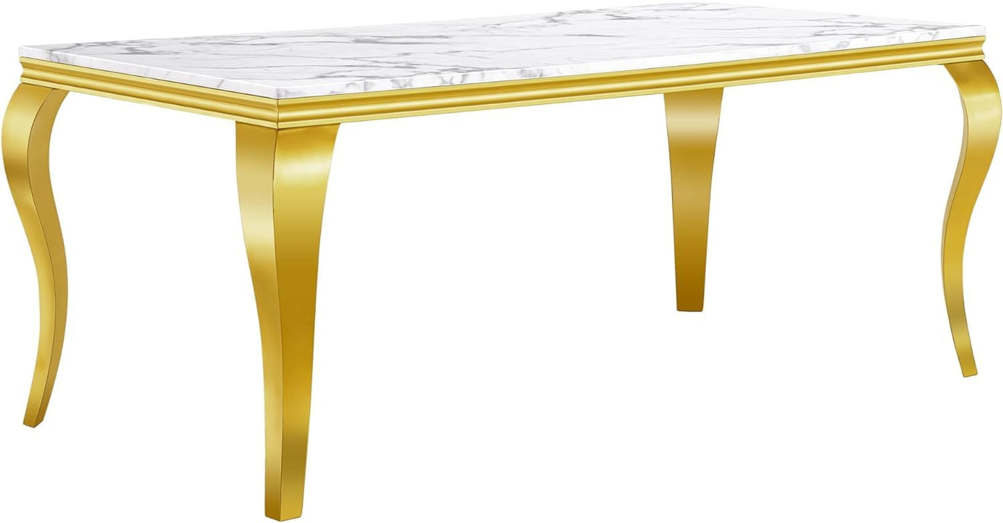 70" Faux Marble Dining Table Set for 6, Modern Marble Dining Room Table with 6 Beige Velvet Dining Chairs Set, Luxurious Kitchen Table with Gold Stainless Steel Pedestal, 7 Piece Dining Table Set