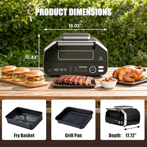 OLIXIS Electric Grill Outdoor/Indoor, 8-in-1 Multifunctional Large Electric BBQ Grill for Air Fry, Bake, Roast, Steak, Broil and Dehydrate, Safe Non-Stick Coating, Fry Basket Included