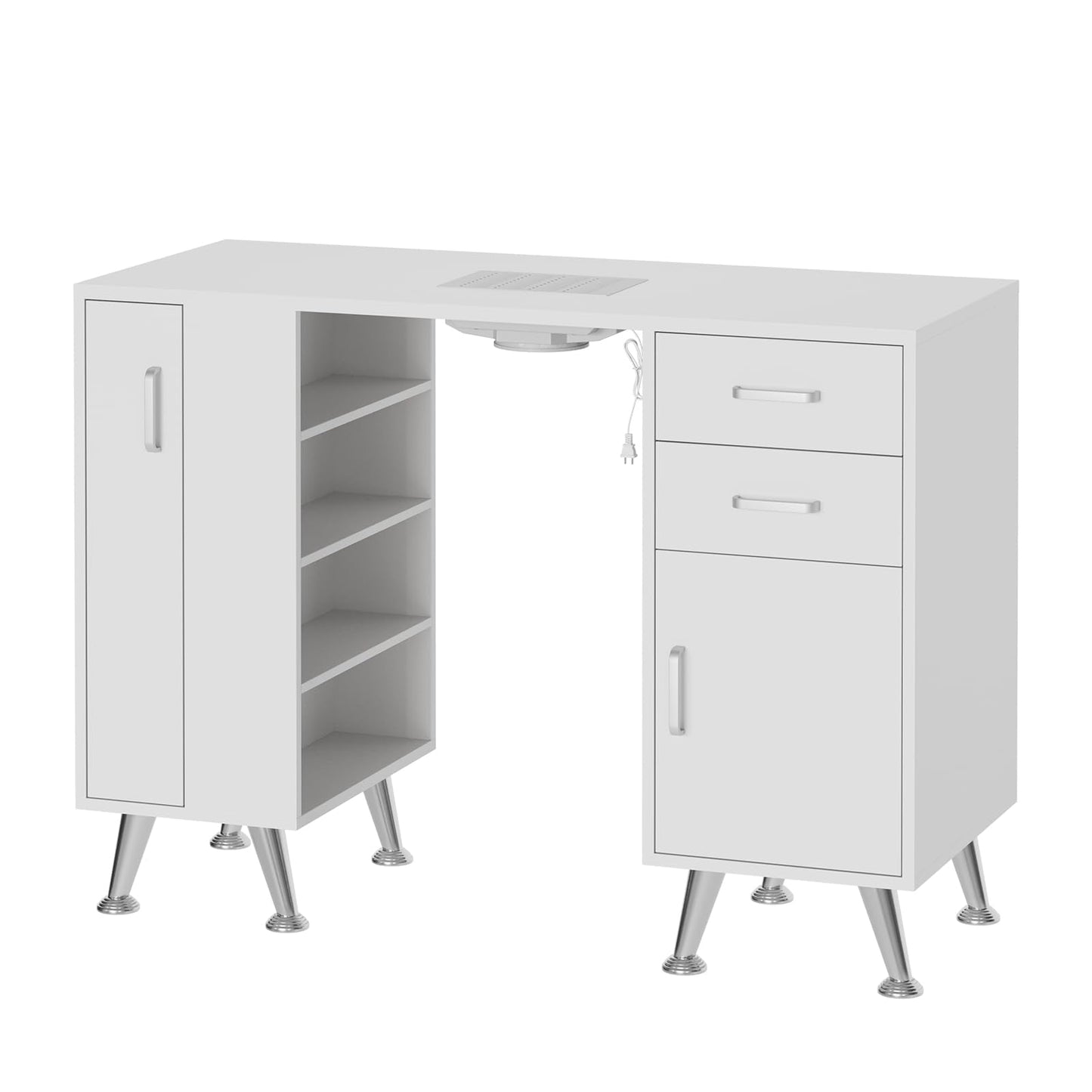 42" Professional Manicure Table for Nail Tech with Electric Dust Collector, Nail Desk with Vertical Pull-Out Locker, 1 Storage Cabinet, 2 Drawers Open Shelves & Wrist Rest for Beauty Salon