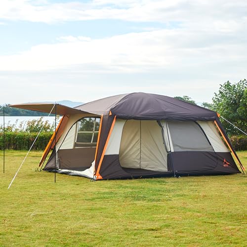 KTT Extra Large Tent 12 Person(A),Awning Family Cabin Tents,2 Rooms,4 Doors and 4 Windows with Mesh,Straight Wall,Waterproof,Double Layer,Big Tent for Outdoor,Picnic,Camping,Family Gathering(Brown)