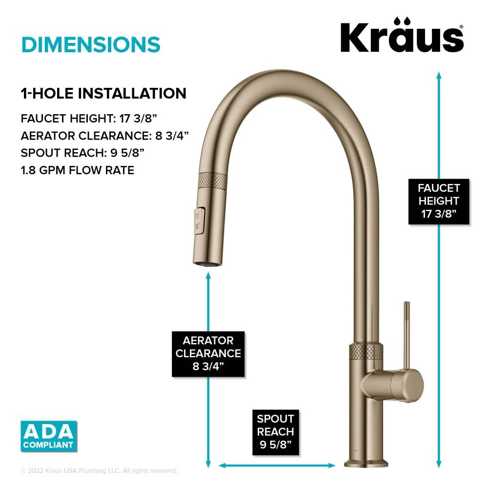 KRAUS Oletto Modern Industrial Pull-Down Single Handle Kitchen Faucet in Brushed Gold, KPF-2654BG