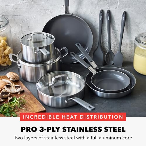 GreenPan x Bobby Flay Stainless Steel 12 Piece Cookware Pots & Pans Set, Professional Grade Tri-Ply, Multiclad, PFAS-Free Ceramic Nonstick, Induction Suitable, Dishwasher & Oven Safe,Stay Cool Handles