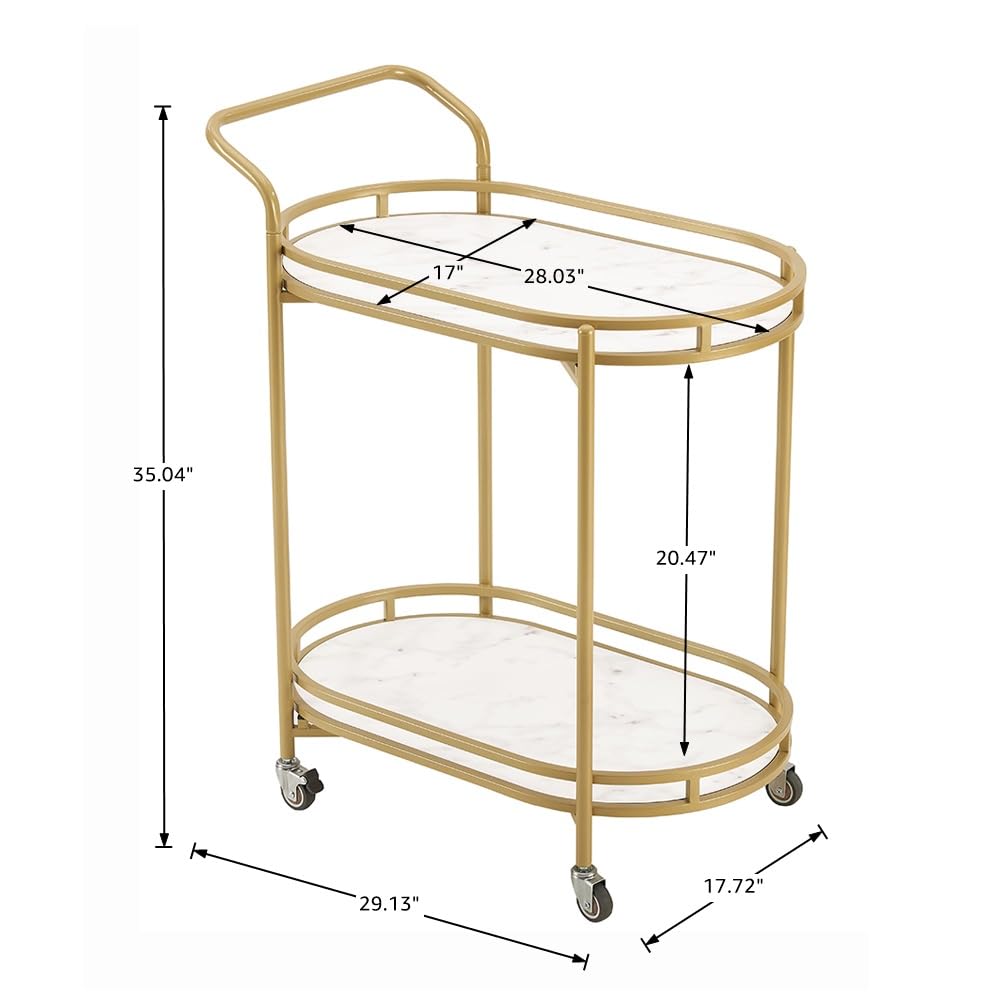 unipaws Bar Cart with Wheels, Easy Assembly Rolling Serving Bar Trolley with 2-Tier Shelves and Rotating Wheels for Home Kitchen Dining and Living Room (Gold & White)