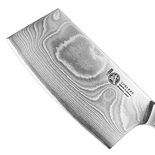 MITSUMOTO SAKARI Cleaver Chef Knife 7 inch - 67-Layer AUS-10 Damascus Steel, Hand Forged Japanese Meat Boning Knives, PakkaWood Handle & Sandalwood Box