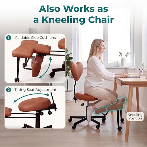 NYPOT Active Sitting Office Chair — Ergonomic Multi-Position Seat (Cross-Legged, Kneeling & Perch) with Adjustable Knee Rest, Back Support, Wheels & 360° Swivel (Brown)