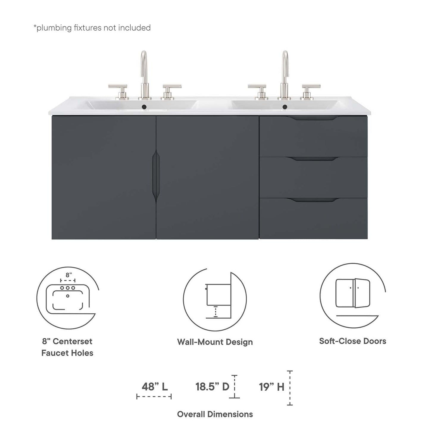 Modway Vitality 48" Double Sink Bathroom Vanity, Gray White