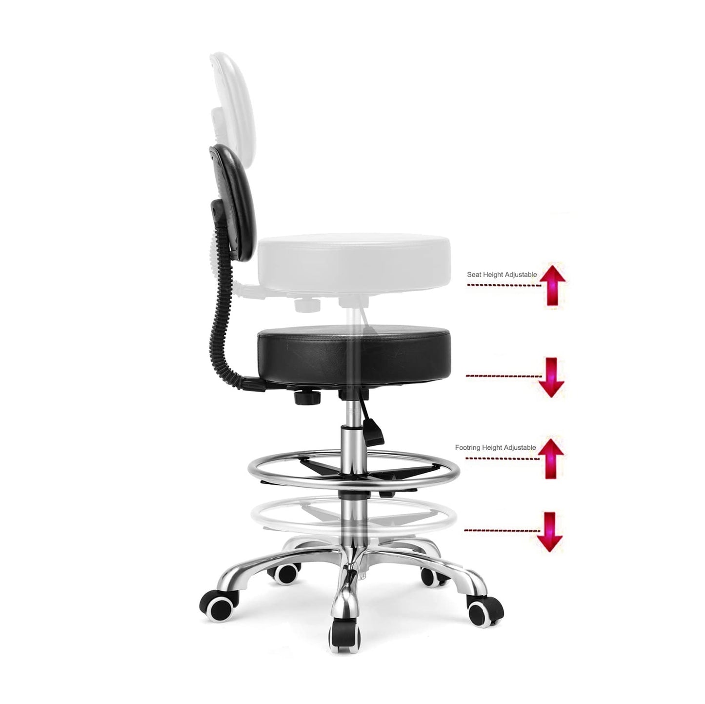 Kaleurrier Rolling Swivel Adjustable Heavy Duty Drafting Stool Chair for Salon Medical Kitchen Lab Clinic Dental Office and Home uses,with Wheels and Back Support (Black with Footrest)
