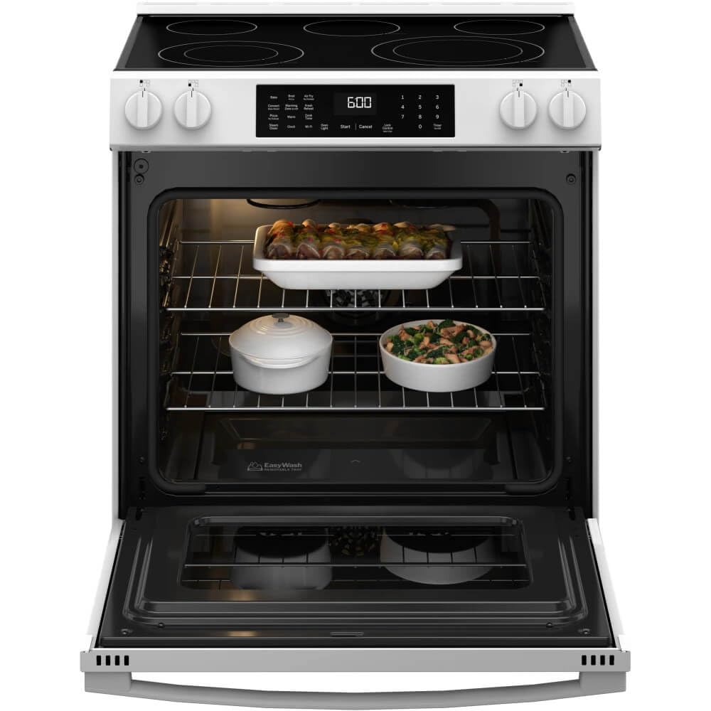 GE GRS600AVWW 30″ Slide-In Electric Convection Range – No-Preheat Air Fry, 5 Heating Elements, Smoothtop Cooktop, White