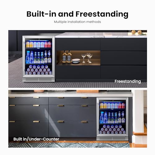 Yeego 24 Inch Beverage Refrigerator – 180 Can Built-In Under Counter Drink Fridge with Glass Door, 34–54°F Cooling for Beer, Soda & Wine (Right-Hinged)