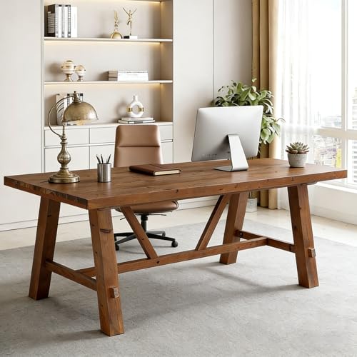 LITTLE TREE 70.87" Long Large Wood Desks, Solid Wood Office Desk, Farmhouse Executive Computer Desk, Home Office Workstaticon, Work Writing Table, Rustic Brown
