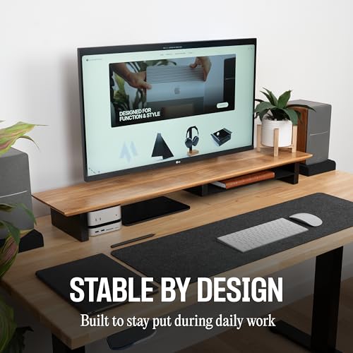 COREMINDED Solid Wood Dual Monitor Stand Riser – 43" Oak Desk Shelf for 2 Monitors with Tray & Wool Felt, Organizer for Desktop, Laptop and Office (Solid Oak)