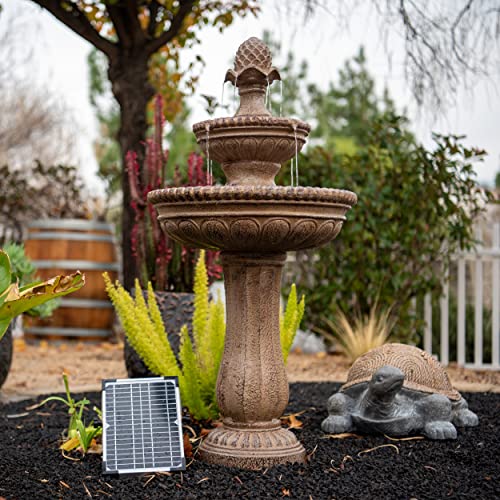 XBrand 39" 2-Tier Outdoor Freestanding Solar Water Fountain – Classic Sand Stone Resin Bird Bath with Pump – Solar Powered Garden Decor for Patio, Yard, Porch, and Lawn