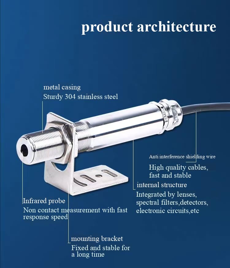 Industrial Grade Infrared Thermometer, Temperature Probe 0-500 ℃ 4-20mA Current Output Non-Contact Temperature Sensor Suitable for Food HVAC、 Chemical, Plastic, high Temperature Warning.