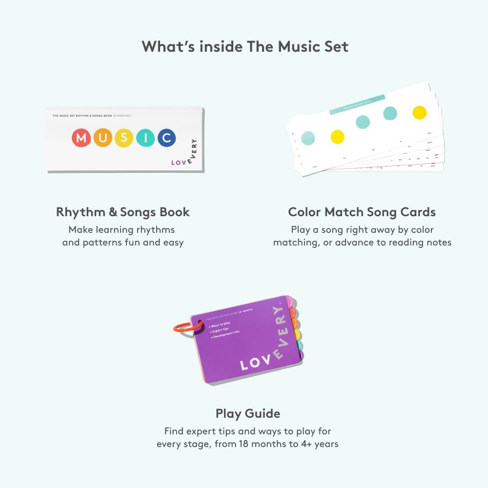 LOVEVERY | The Music Set | 6 Montessori Musical Instruments & Rhythm Book | Educational Toys for Toddlers & Preschoolers | Simple Songs and Play Guide | Ages 18 Months to 4+ Years