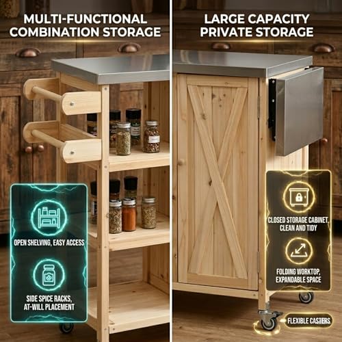 Casaphoria Outdoor Grill Cart with Folding Stainless Steel Tabletop,40" x 15" Rolling BBQ Prep Station & Kitchen Island, Wood Garden Table with Storage Cabinet and Towel Rack,Natural Finish