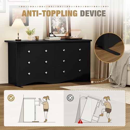 YESHOMY Dresser for Bedroom with 6 Drawers, Modern Chest of Drawers, Wooden Dressers, TV Stand for Living Room,Closet, Hallway (Black)