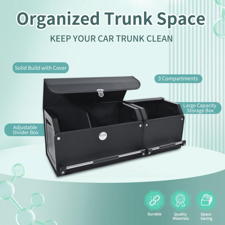 XCF Car Trunk Organizer, Collapsible Leather Car Trunk Storage Organizer with Lid and Sturdy Handle Car Organizer and Storage for SUV, Truck, Sedan (Black, 36.2 x 11.4 x 12.2in)