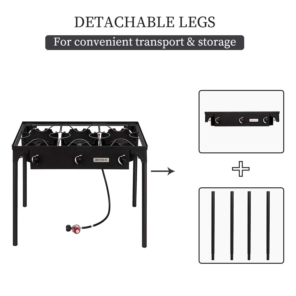 ROVSUN 3 Burner Outdoor Propane Gas Stove with Regulator, High Pressure 225,000 BTU Stand Cooker for Backyard Cooking Camping Home Brewing Canning Turkey Frying