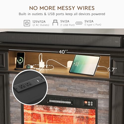 72'' Fireplace TV Stand with Outlet & LED, Electric Fireplace with Mantel, Entertainment Center with Storage, 23'' Fireplace Heater Insert with 3D Flame Effect for Living Room, Black