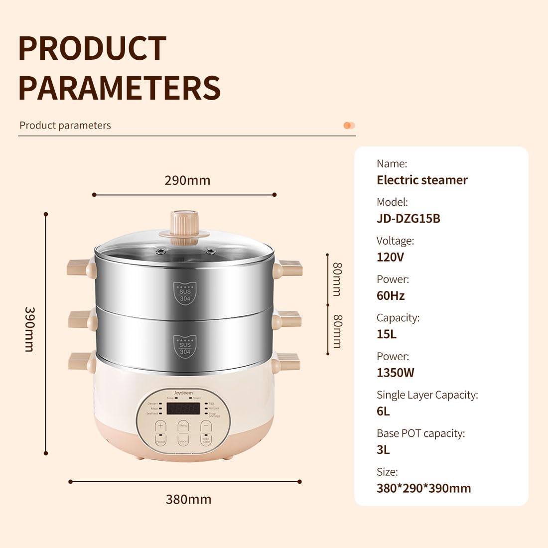 Joydeem Electric Food Steamer for Cooking, 2-Tier Stainless Steel Vegetable & Food Steamers, 15L/15.9 qt Large Capacity, JD-DZG15B