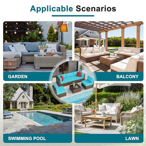 Shintenchi 6 Pieces Patio Furniture Sets Outdoor All-Weather Sectional Patio Sofa Set PE Rattan Manual Weaving Wicker Patio Conversation Set with Glass Table&Ottoman Cushion and Red Pillows, Blue