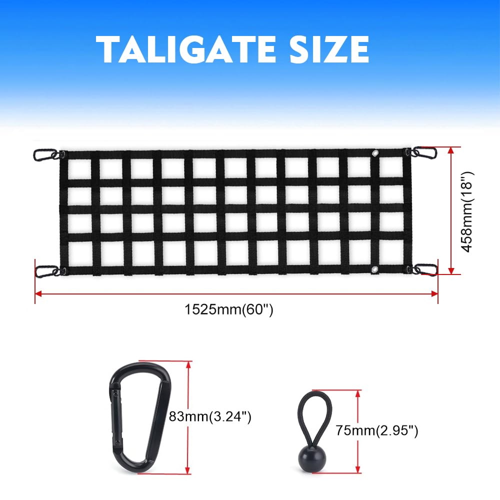BARTOO Tailgate Net for Pickup Truck Bed, 60'' x 18'' Tailgate Mesh Cargo Net for Full Size Truck, Heavy Duty Cargo Netting with Hooks for Chevrolet, Ford, Toyota, GMC, Jeep, Black