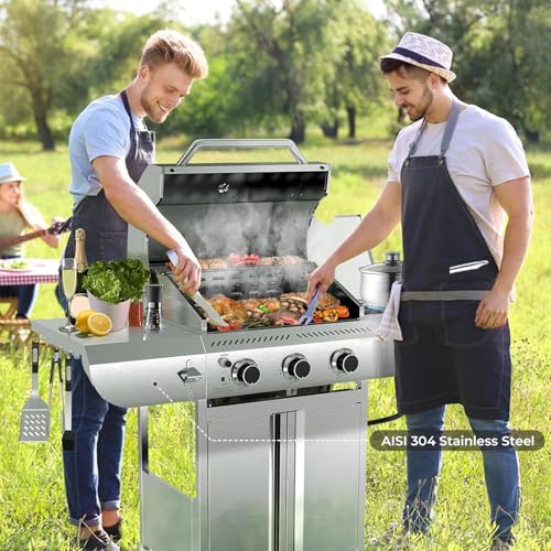 34,000 BTU 3-Burner Propane Gas Grill with Side Burner, All Stainless Steel BBQ Grill, Cast Iron Grates & Portable Cart with Wheels，Outdoor Barbecue Grill for Backyard, Patio, Camping