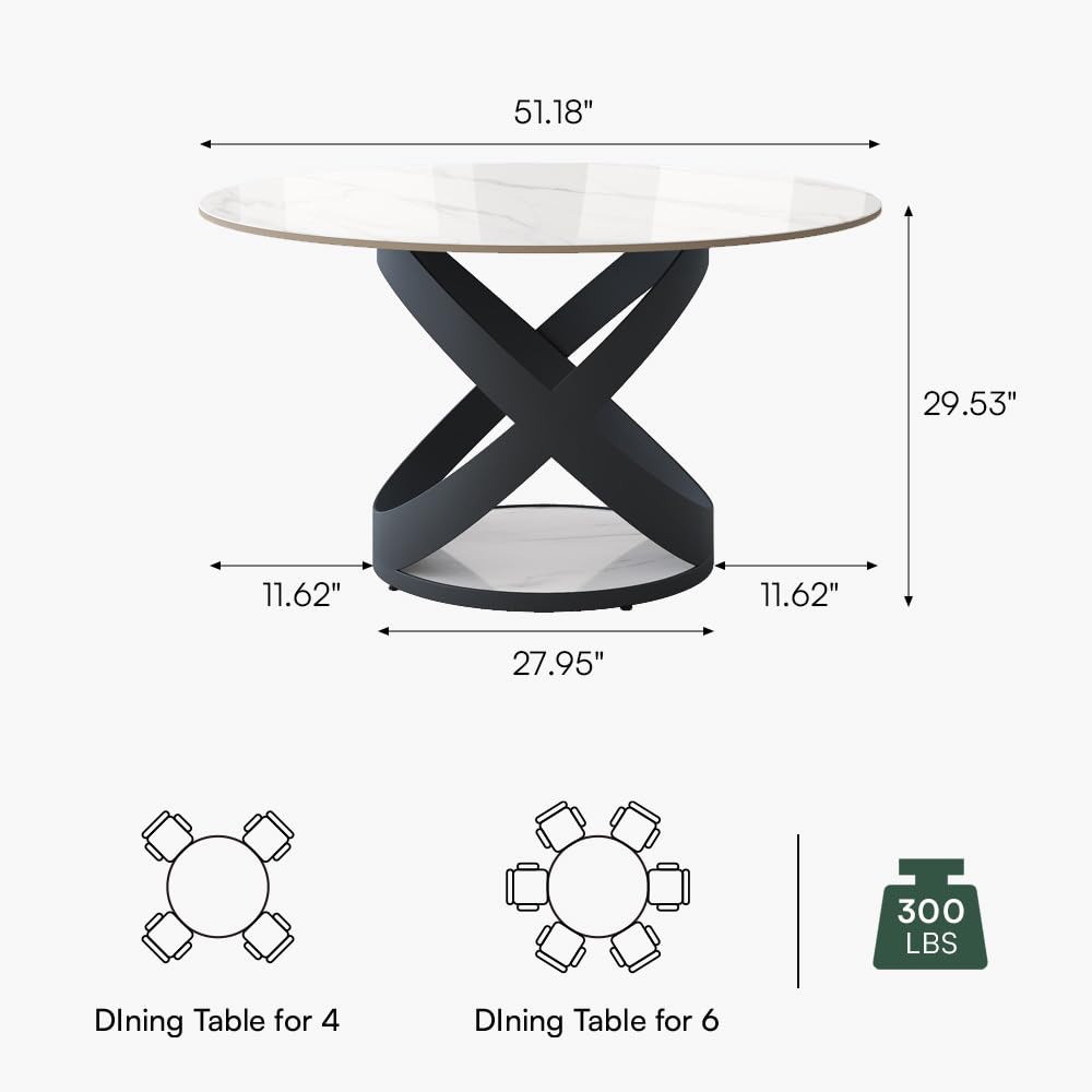 POVISON 51" Modern Dining Table, Glossy White Round Dining Table for 6, Sintered Stone Dining Tabletop with Black X Carbon Steel Base (Table Only)