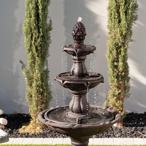 XBrand 3-Tier Freestanding Waterfall Fountain w/Pump & Pineapple Top, 51 Inch Tall, Brown, Large Outdoor Garden Fountain, Ideal for Garden, Porch, and Lawn