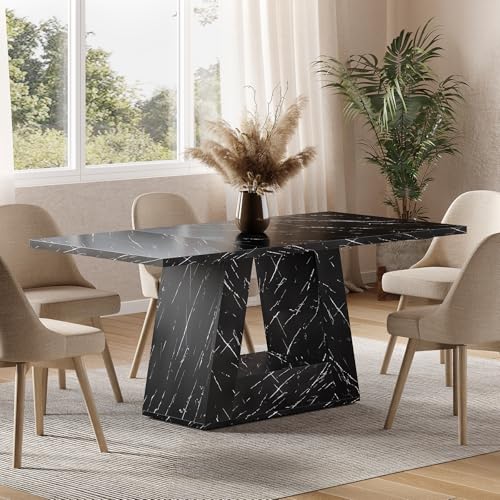 LITTLE TREE Dining Table for 4-6 People, 63 Inches Dining Room Table with Wooden Triangle Pedestal Base, Black Faux Marble Rectangle Dinner Kitchen Table for Dining Room, Kitchen, Living Room