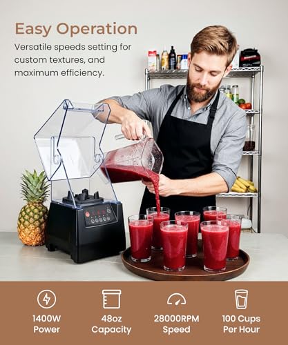 SYBO HS-210E Professional-Grade Commercial Blender With Quiet Shield, Heavy-Duty 2HP High-Speed, 48oz BPA-Free Jar, Easy Cleaning & Dishwasher-Safe, for Juice, Ice Shakes, Smoothies, Metallic