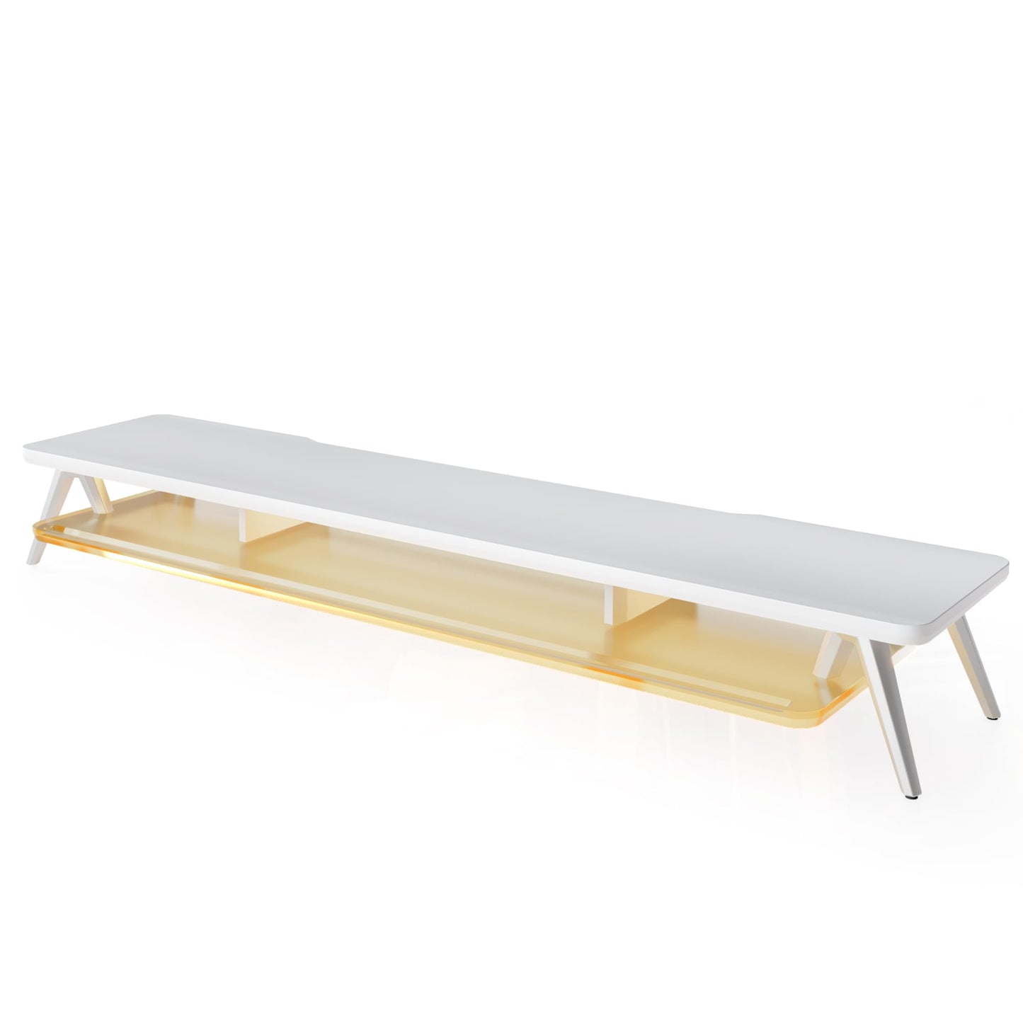 Fenge Dual Monitor Stand, 2 Tiers Acrylic Monitor Riser with LED Lights, 42.5 Inch Wood and Aluminum Desk Shelf with Phone and Tablet Holder