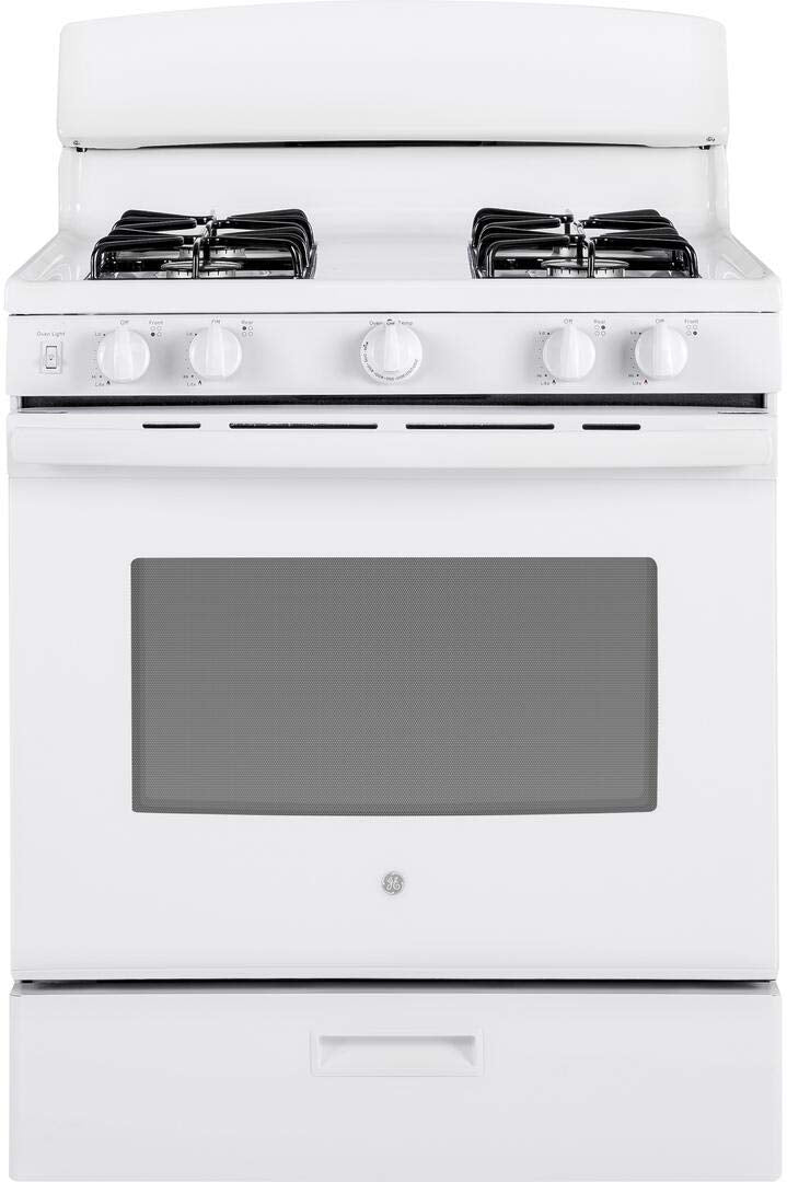 GE JGBS30DEKWW 30 Inch Freestanding Gas Range with 4 Sealed Burners, 4.8 cu. ft. Capacity, Broiler Drawer, Simmer Burner, Big View Window, LP Conversion Kit, and ADA Compliant: White