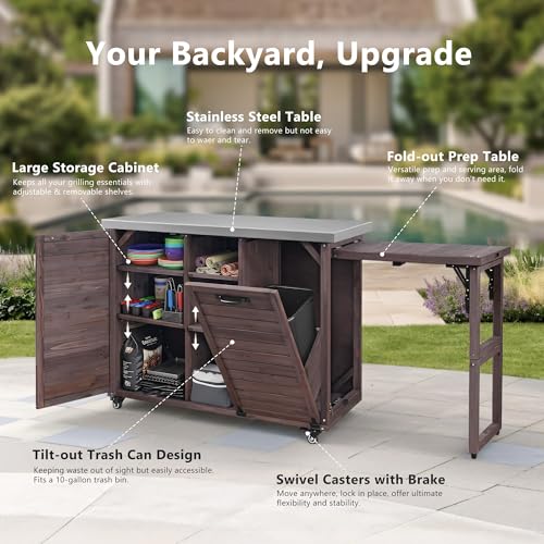 Merax 78.3" Outdoor Kitchen Island with Foldable Grill Table, Solid Wood Grill Cart with Storage & Stainless Steel Top, Bar Cart for Lawn & Garden, Dark Brown