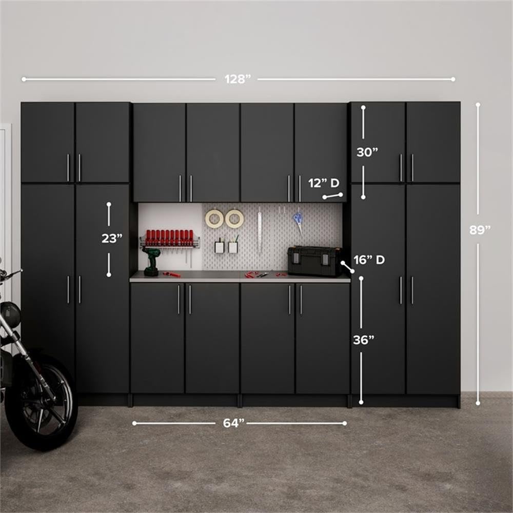 Prepac Elite Functional 8-Piece Garage Cabinets and Storage System Set G, Simplistic Garage Shop Cabinets 16" D x 128" W x 89" H, Black, BRSX-1016-8M