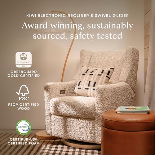 Babyletto Kiwi Glider Recliner Nursery Chair w/USB Ports - GREENGUARD Gold Certified - Water & Stain Resistant Glider Rocking Chair - Electronic, 270° Swivel, Almond Teddy Loop w/Light Wood Base