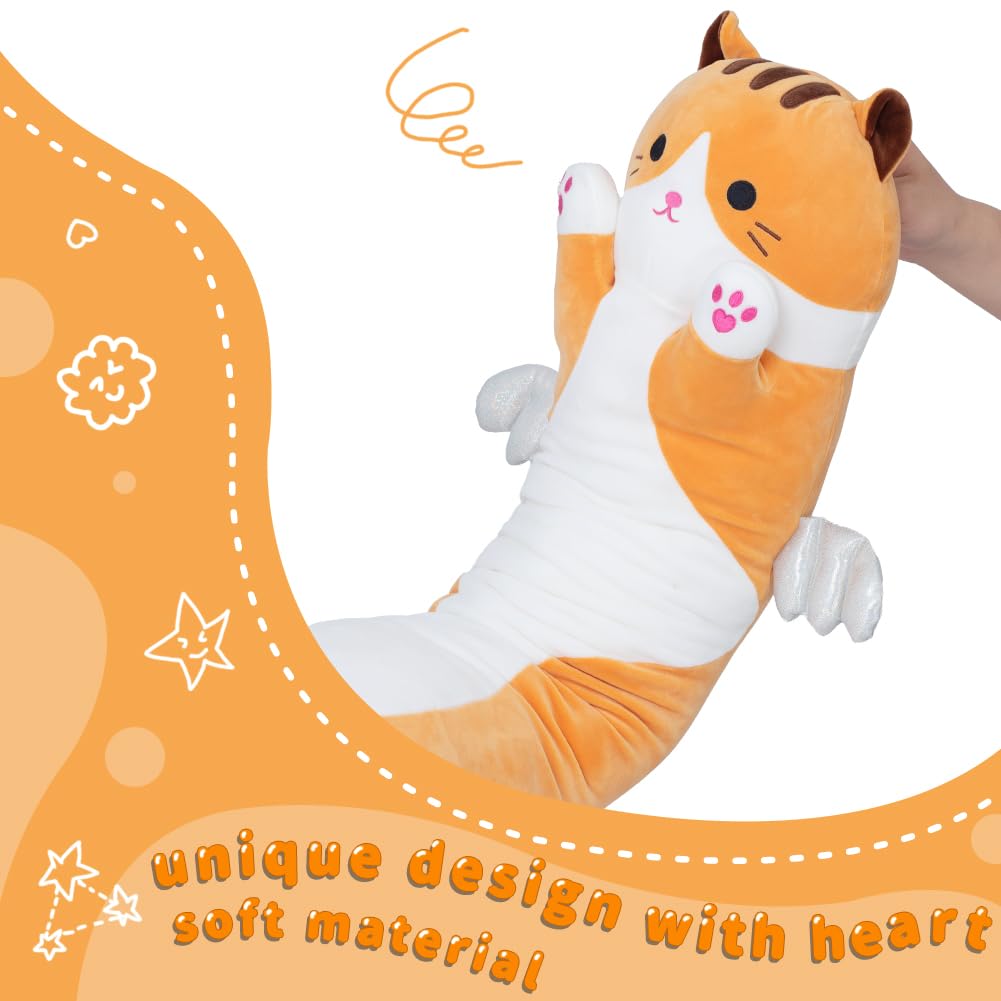 SNOWOLF Cute Long Cat Plush Body Pillow, Kawaii Cat Plushie Toys Cuddle Cartoon Stuffed Animals Soft Kitten Throw Pillow Doll Gift for Kids Girls Boys (43.3", Orange)