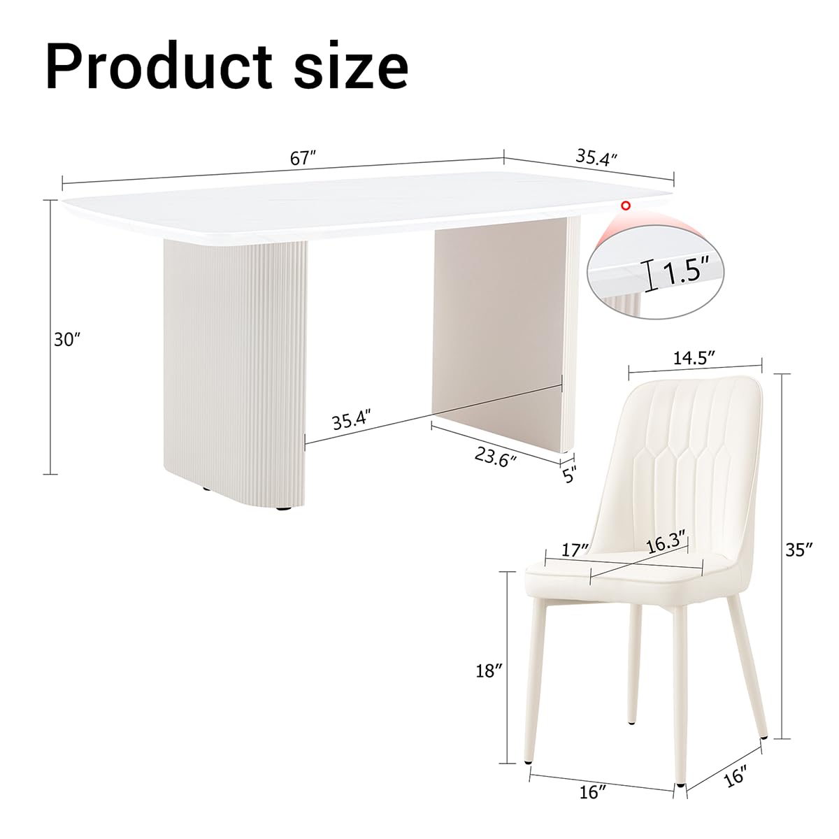 Ebullient 67'' White Dining Table Set for 4, Kitchen Table Chairs Set with Sleek Ripple Pedestal Base, Modern Dining Table Set with 4 Metal Leg Chairs, Ideal for Dining Room, Living Room, Saving Space