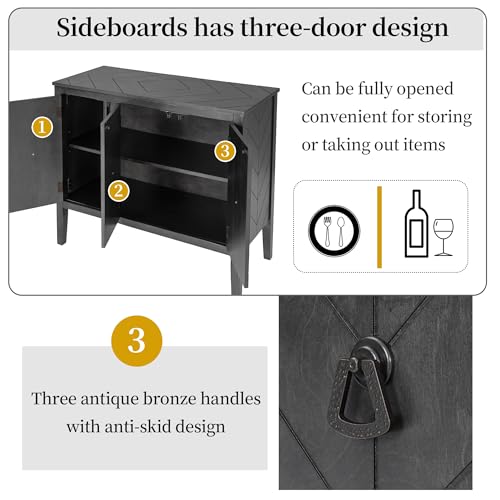Merax Country Style Shelf Storage Sideboard Buffet Cabinet with 3 Retro Metal Handles and 4 Pinewood Legs,37.0" Elegant Entryway Table for Entryway, Living Room,Study Room,Dining Room,Grey
