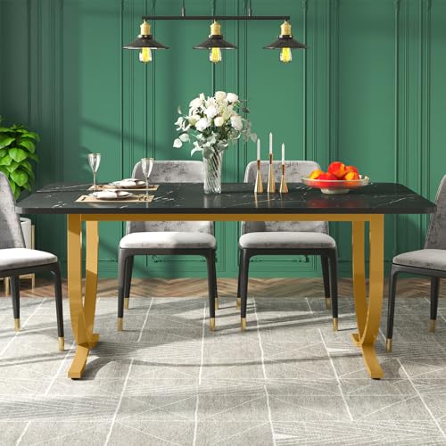 LITTLE TREE Dining Room Table, Kitchen Table with Faux Marble Table Top and Gold Metal Legs