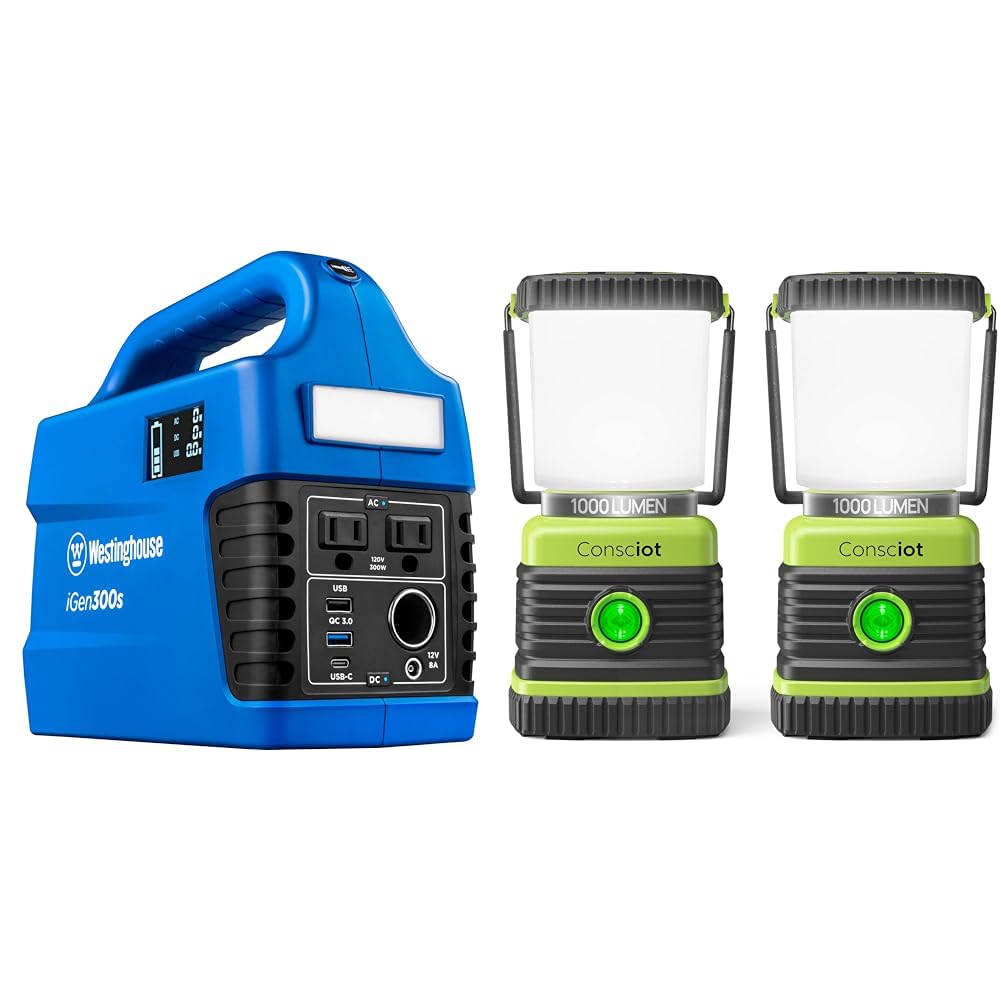 Westinghouse 296Wh 600 Peak Watt Portable Power Station and Solar Generator, Pure Sine Wave AC Outlet & LED Camping Lantern, Consciot Battery Powered Camping Lights, 1000LM, 4 Light Modes