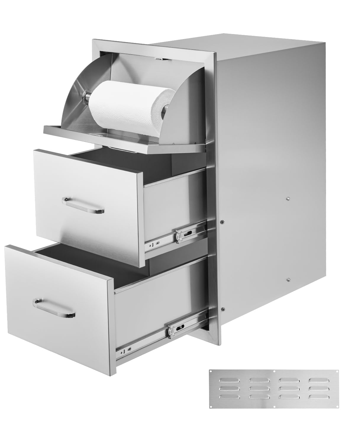 VEVOR Outdoor Kitchen Drawers, 16.5" W x 29" H x 20.5" D Triple Access Drawers, Stainless Steel Flush Mount Cabinets, BBQ Island Storage with Paper Towel Holder & Handle, for Patio Grill Station