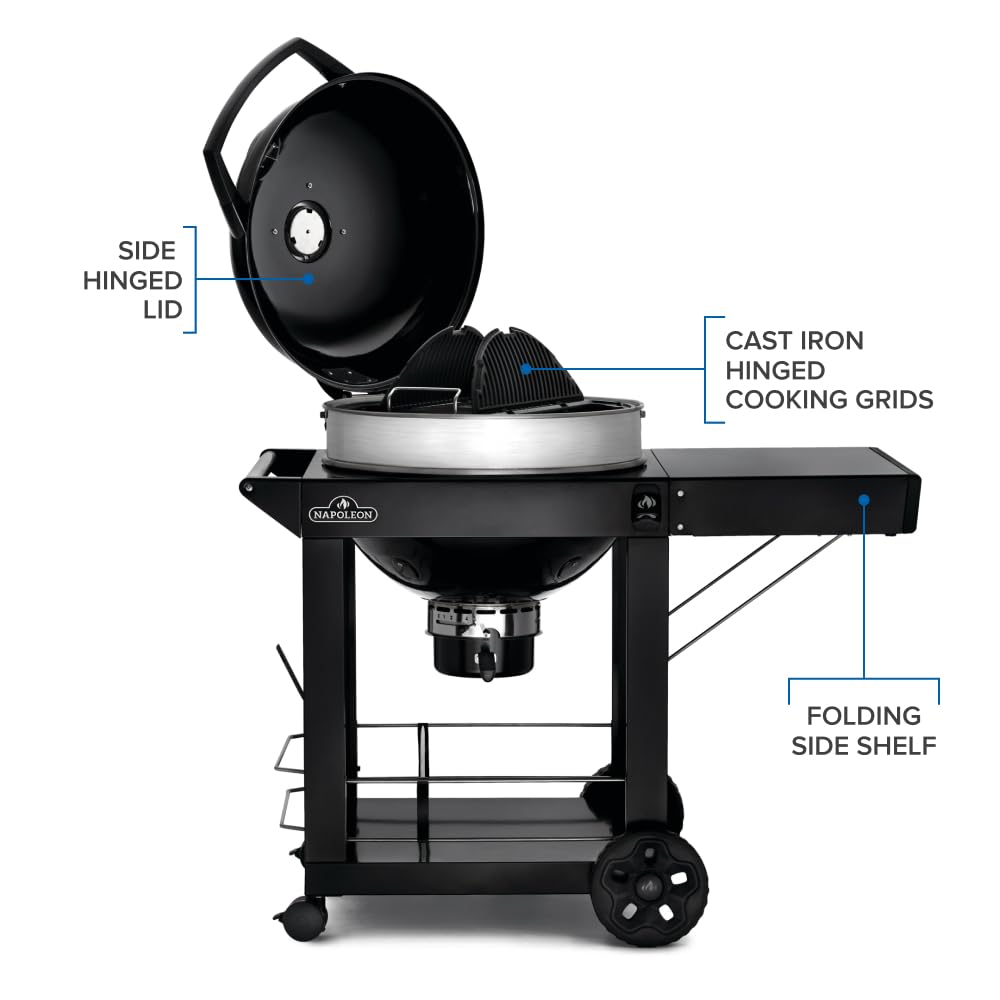 Napoleon PRO22 Charcoal Kettle Grill with Folding Cart, Black, Porcelain-Enameled Lid and Bowl, Chrome-Plated Cooking Grid