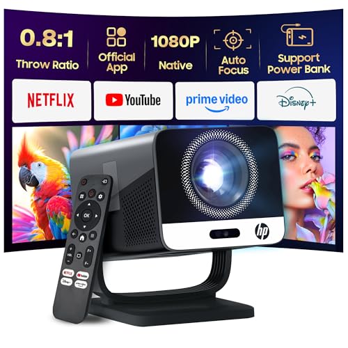 HP MC475 Official Licensed App Native 1080P Full HD Smart Mini Projector with WiFi & Bluetooth, Portable Projector for Outdoor & Bedroom, Short Throw, Auto Focus, Built-in Speaker, USB-C