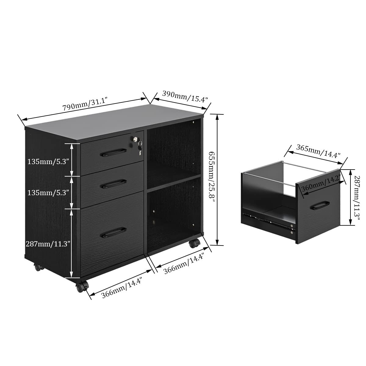 Panana 3 Drawer Office File Cabinets, Mobile Lateral Printer Stand with Open Storage Shelf, Rolling Filing Cabinet with Wheels Home Office Organization and Storage (Black)